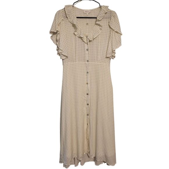 Bohme Ruffle Neck Polka Dot Flutter Sleeve Button Front Boho Midi Dress, L NEW - Picture 2 of 16